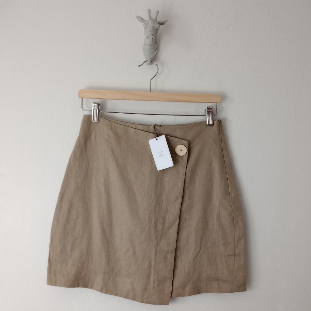 Mango Beige Linen Button Detail Wrap Mini Skirt Size US 4